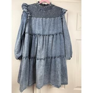ODDI Acid Wash Denim Tiered Babydoll Dress Smocked Ruffle Size M